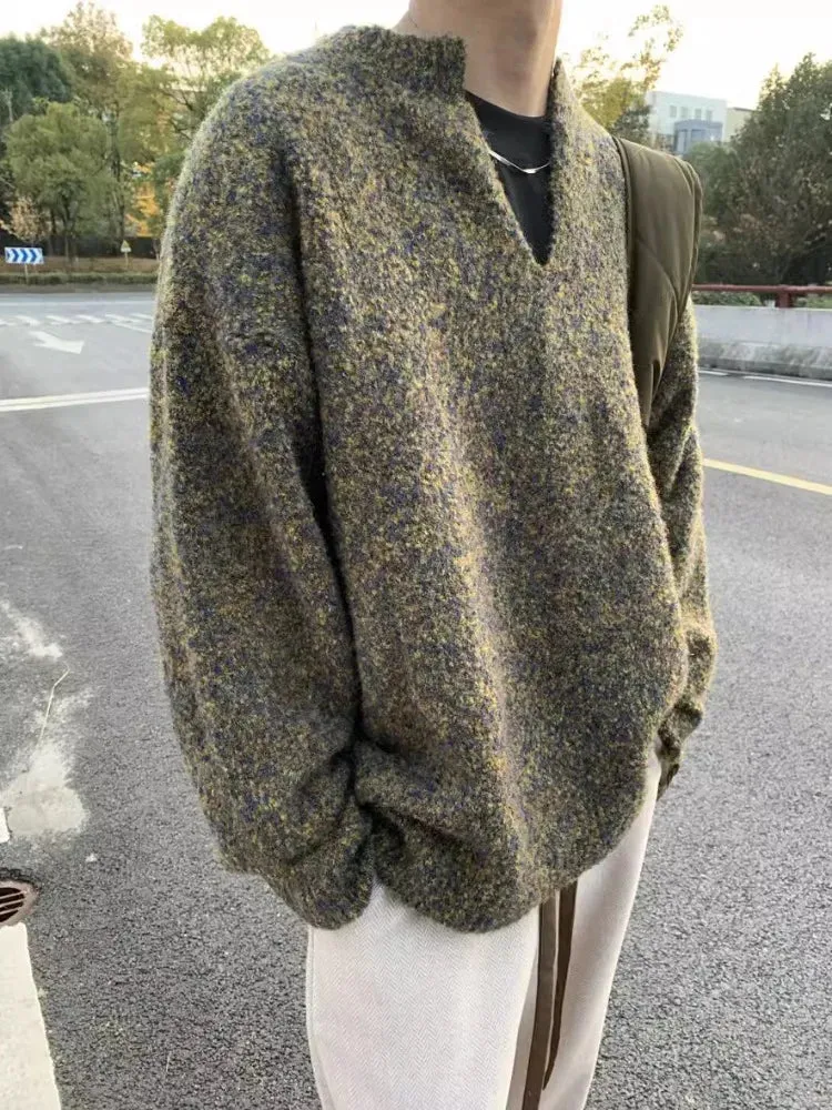 Aidase V-neck Sweaters Men Spring Autumn American Retro Slouchy Loose Casual All-match Harajuku Long Sleeve Vintage Casual Knitted Chic