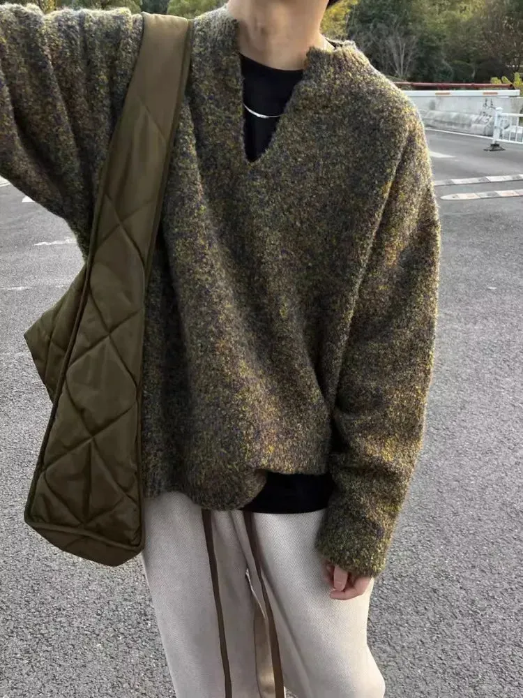Aidase V-neck Sweaters Men Spring Autumn American Retro Slouchy Loose Casual All-match Harajuku Long Sleeve Vintage Casual Knitted Chic