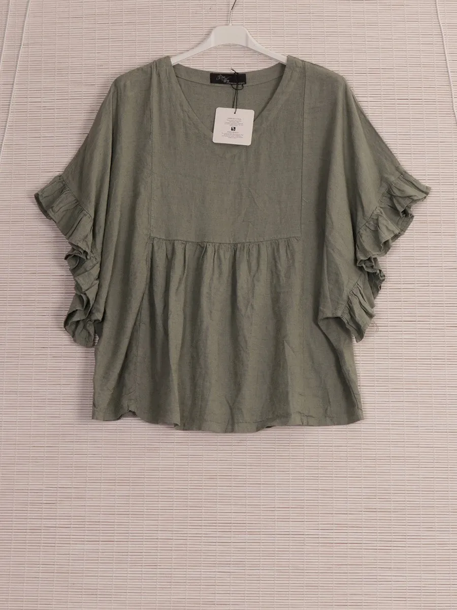 Anne   Kate Positano Frilled Sleeves Linen Blend Top