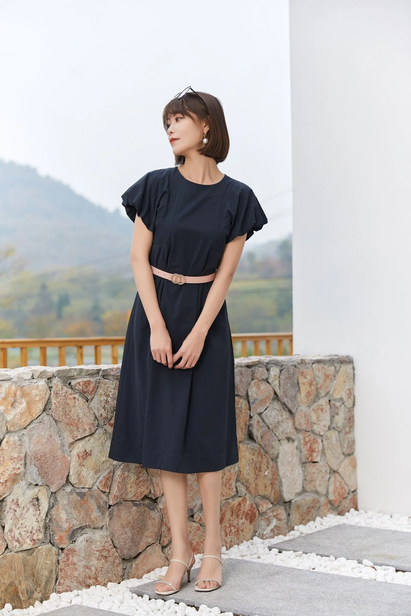 Black Bud Sleeve Waist Band Dress