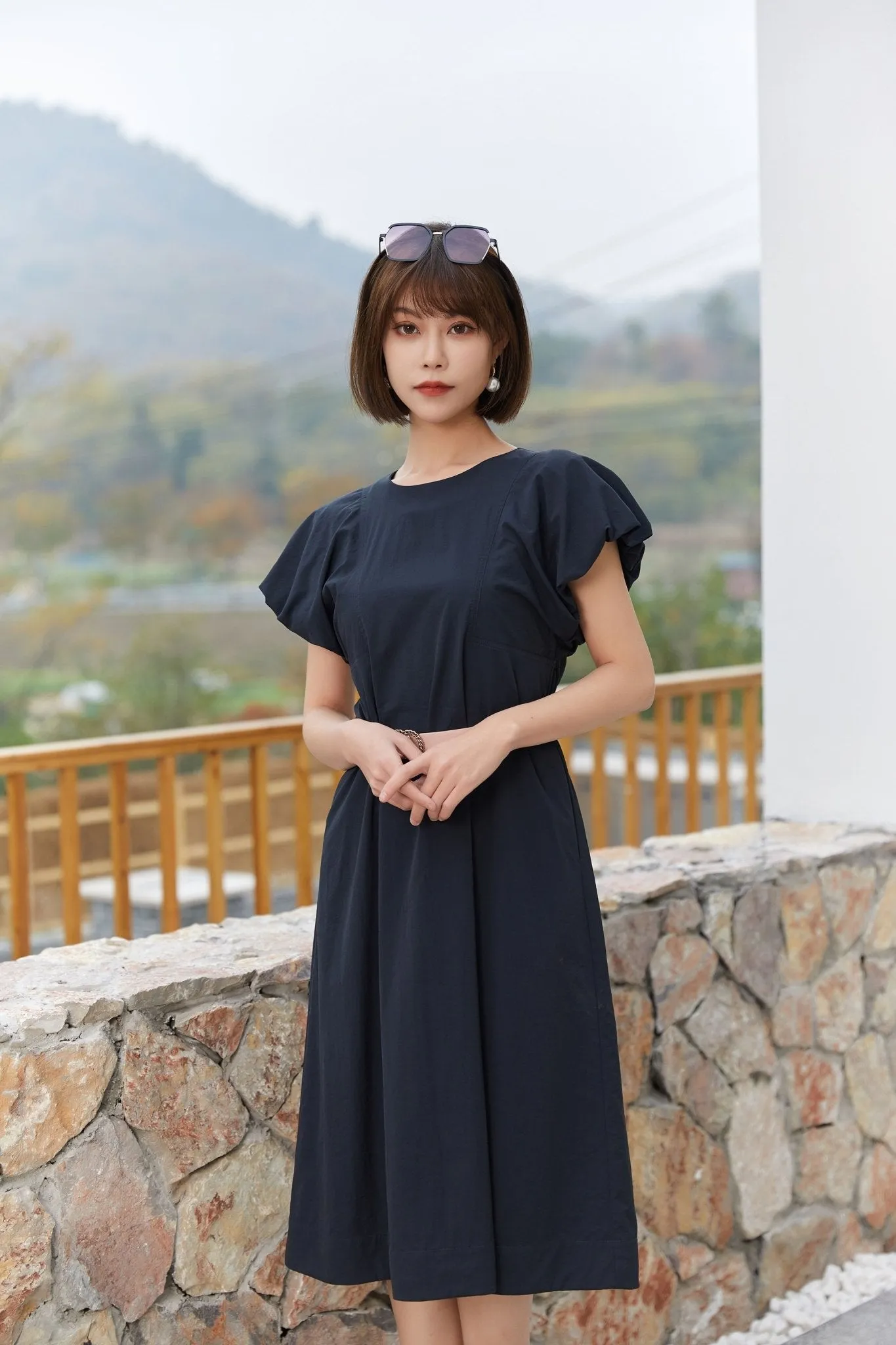 Black Bud Sleeve Waist Band Dress