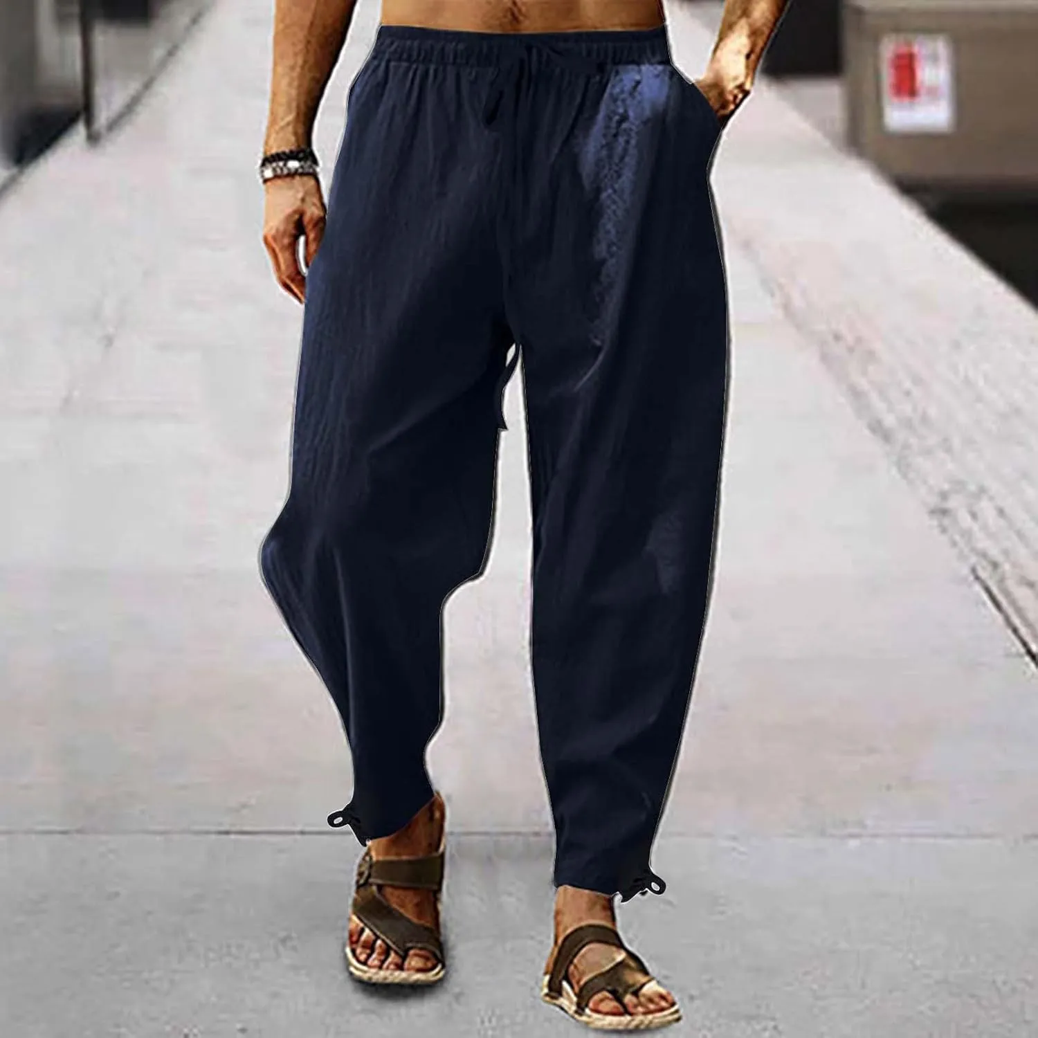 Casual Linen Pant Men Plus Size Baggy Elastic Drawstring Waist Harem Pant Lightweight Summer Beach Capris with Pocket