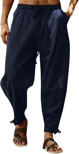 Casual Linen Pant Men Plus Size Baggy Elastic Drawstring Waist Harem Pant Lightweight Summer Beach Capris with Pocket