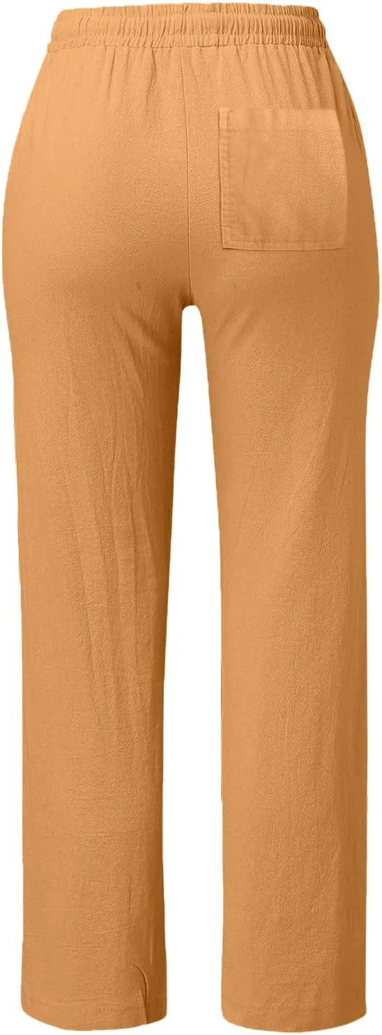 Casual Pants Women Summer Drawstring High Waist Straight Leg Pants Casual Dressy Work Vacation Beach Trousers with Pockets