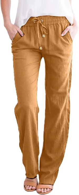 Casual Pants Women Summer Drawstring High Waist Straight Leg Pants Casual Dressy Work Vacation Beach Trousers with Pockets