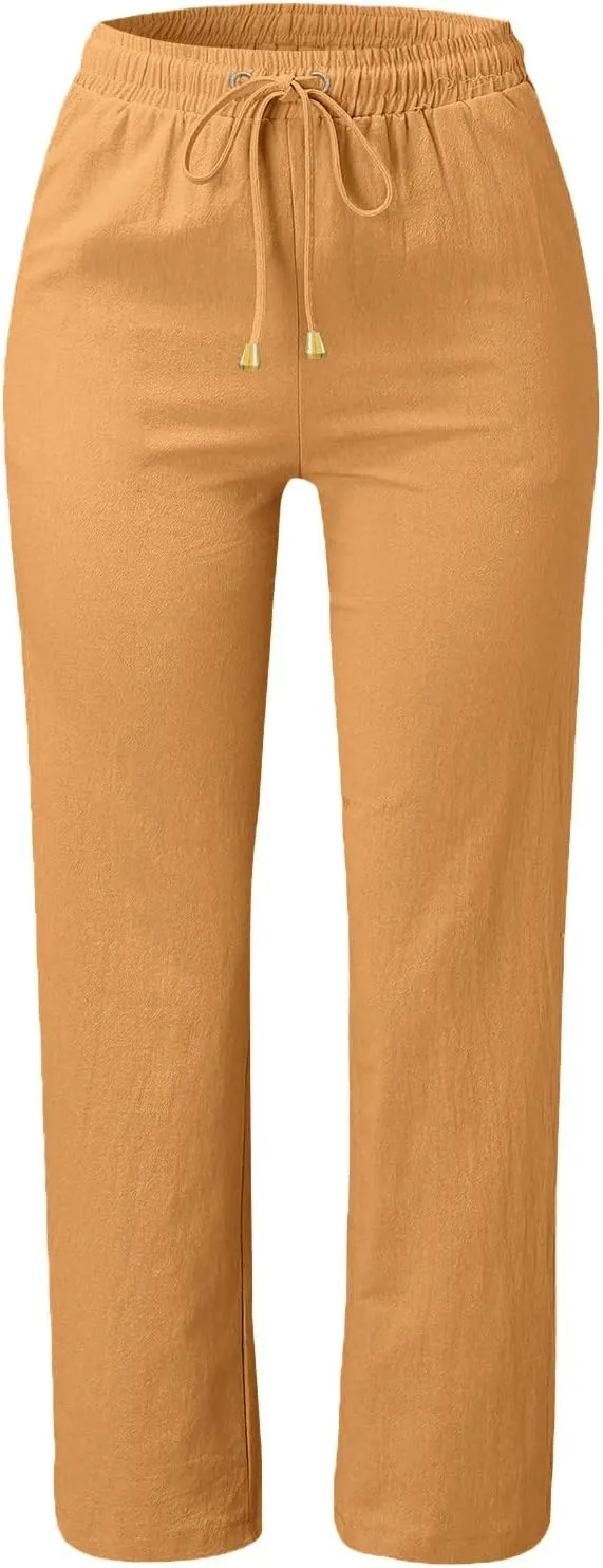 Casual Pants Women Summer Drawstring High Waist Straight Leg Pants Casual Dressy Work Vacation Beach Trousers with Pockets