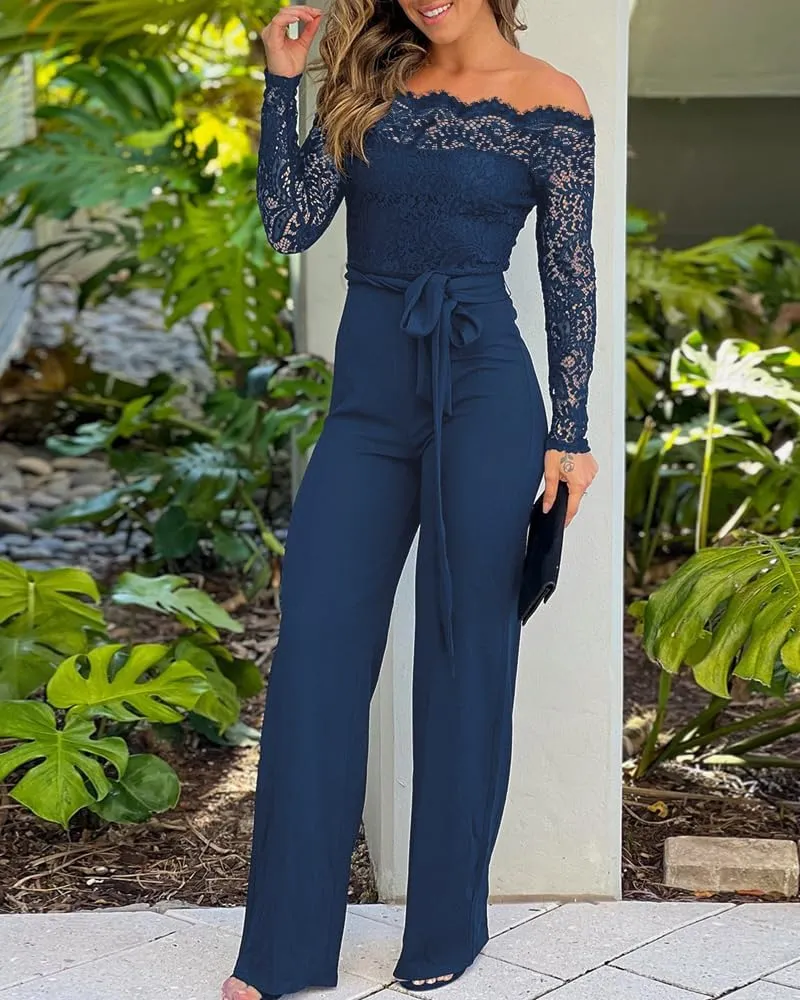 CHICME Womens Dressy Jumpsuits Casual One Piece Outfits Off Shoulder Lace Trim Overalls Straight Leg Pants