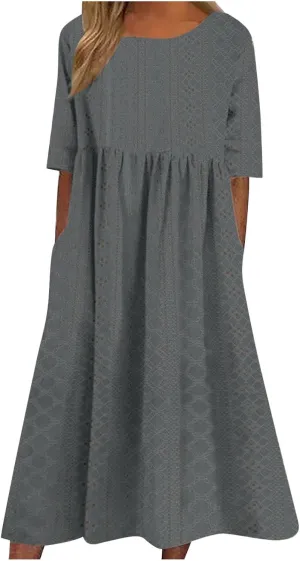 Eyelet Dresses Women 2025 Fashion Round Neck Short Sleeve Solid Color Midi Dress Vacation Summer Dress with Pockets