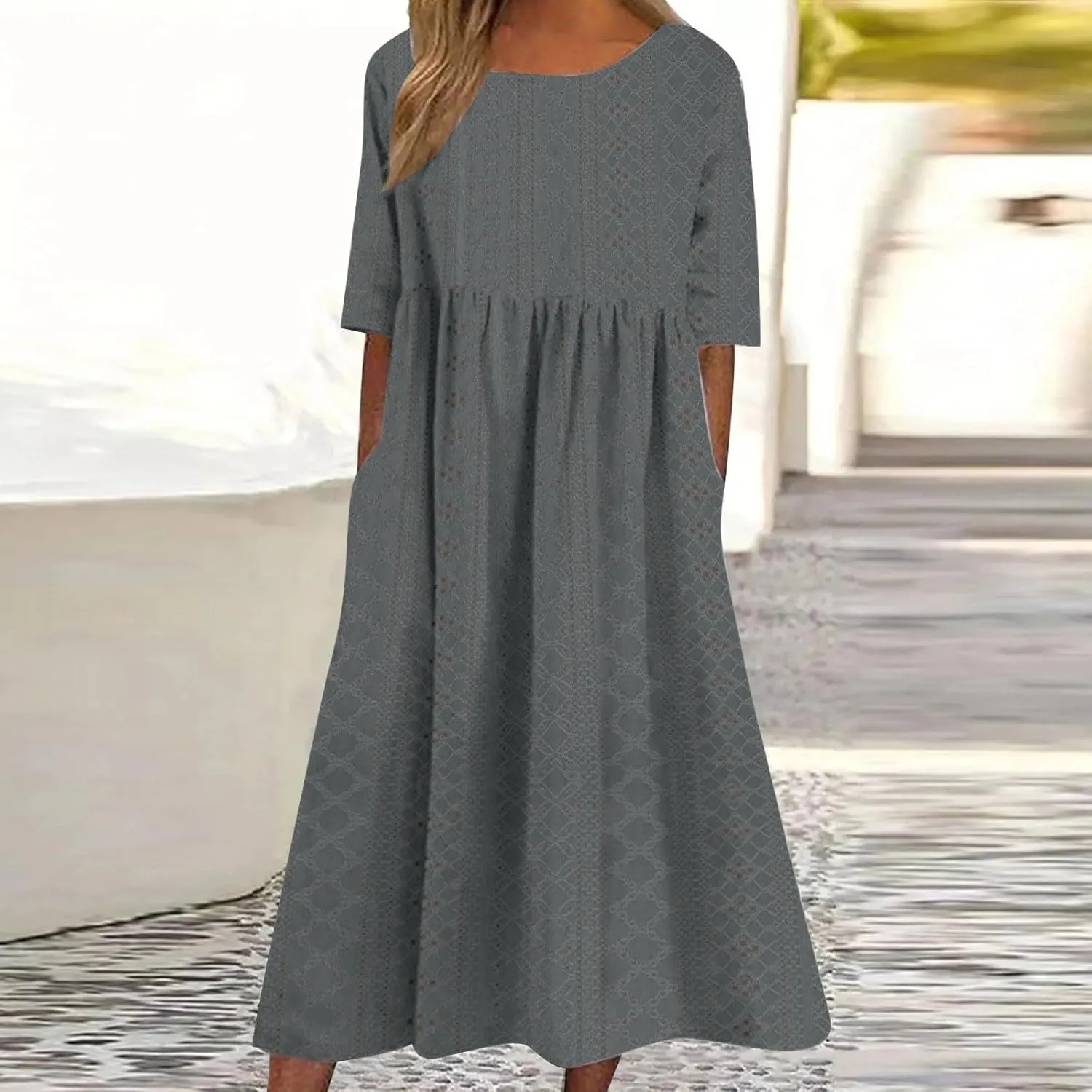 Eyelet Dresses Women 2025 Fashion Round Neck Short Sleeve Solid Color Midi Dress Vacation Summer Dress with Pockets
