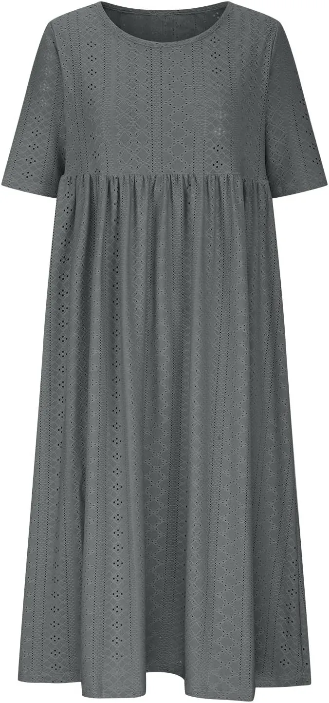 Eyelet Dresses Women 2025 Fashion Round Neck Short Sleeve Solid Color Midi Dress Vacation Summer Dress with Pockets