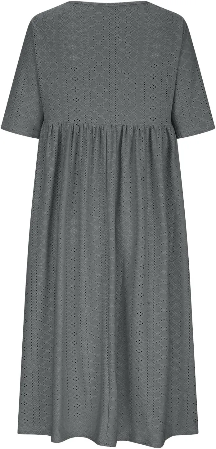 Eyelet Dresses Women 2025 Fashion Round Neck Short Sleeve Solid Color Midi Dress Vacation Summer Dress with Pockets