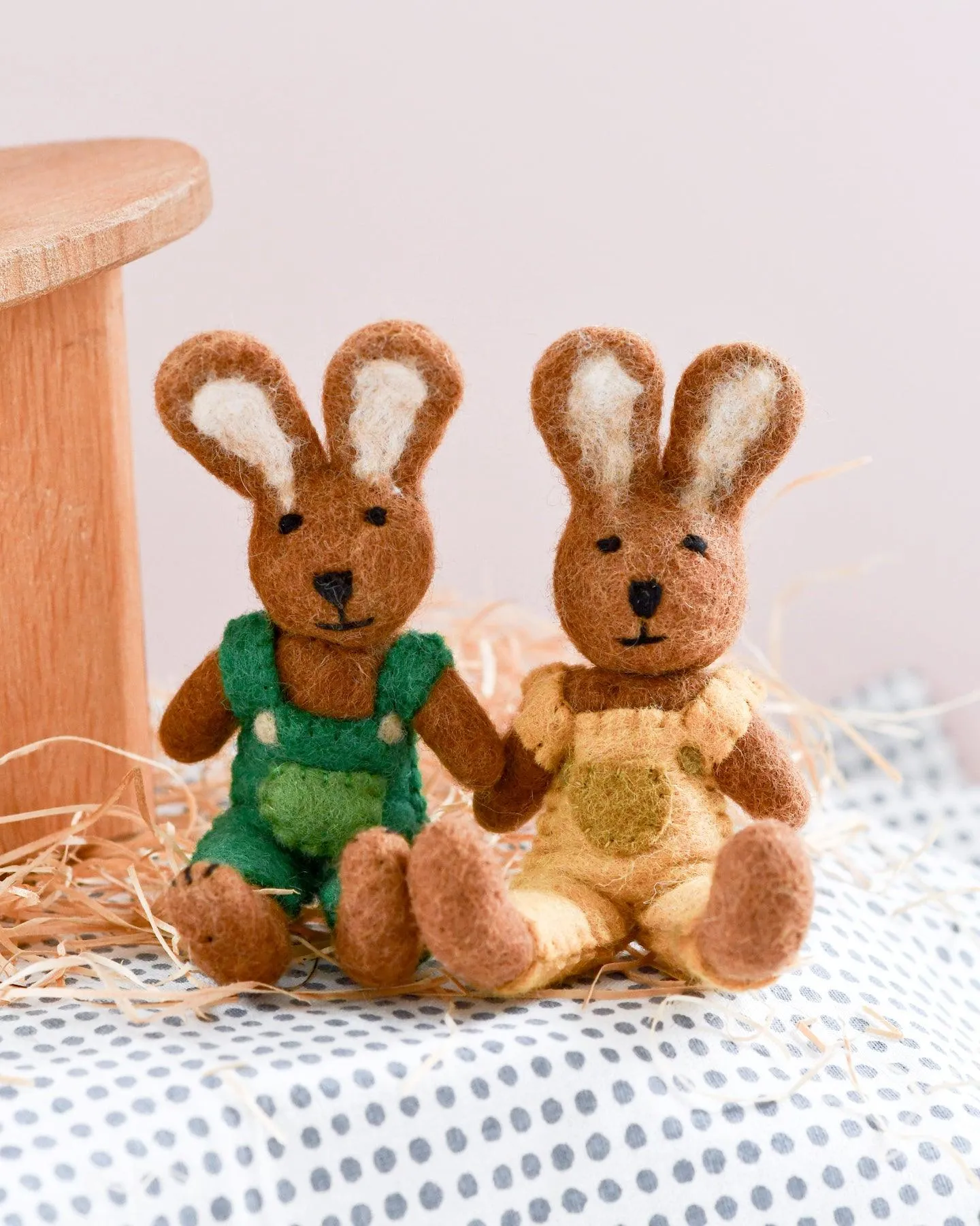 Felt Brown Hare Rabbit with Green Overalls Toy