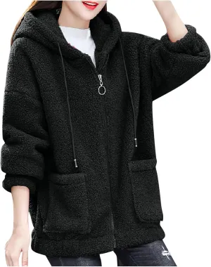 Fleece Jacket for Women Warm Fuzzy Zip Up Hoodies Winter Sherpa Hooded Coat Soft Faux Fur Zipper Outwear with Pocket