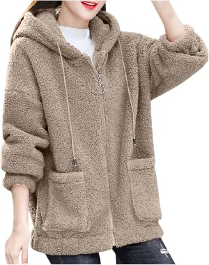 Fleece Jacket for Women Warm Fuzzy Zip Up Hoodies Winter Sherpa Hooded Coat Soft Faux Fur Zipper Outwear with Pocket