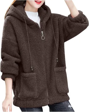 Fleece Jacket for Women Warm Fuzzy Zip Up Hoodies Winter Sherpa Hooded Coat Soft Faux Fur Zipper Outwear with Pocket