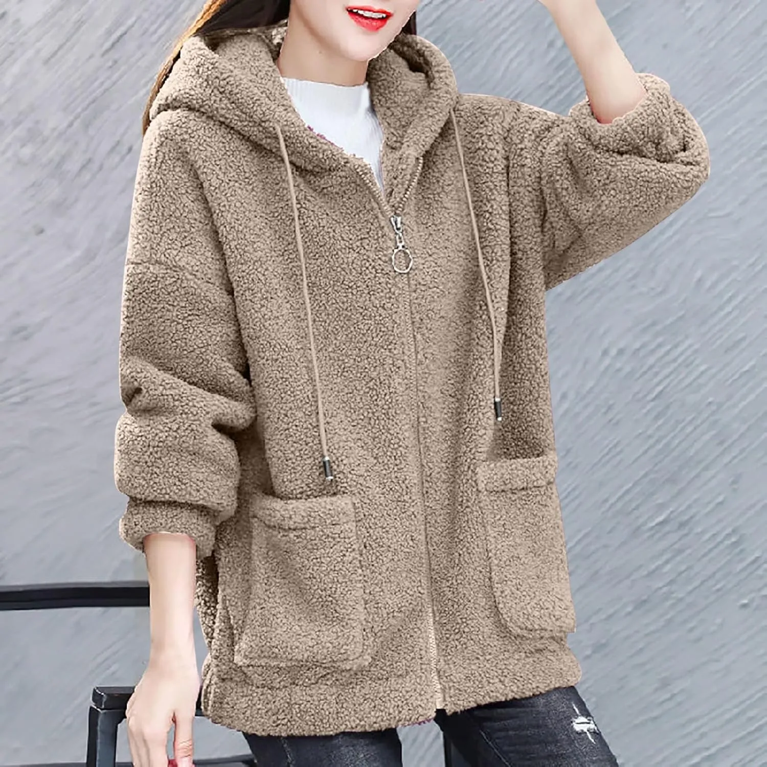 Fleece Jacket for Women Warm Fuzzy Zip Up Hoodies Winter Sherpa Hooded Coat Soft Faux Fur Zipper Outwear with Pocket