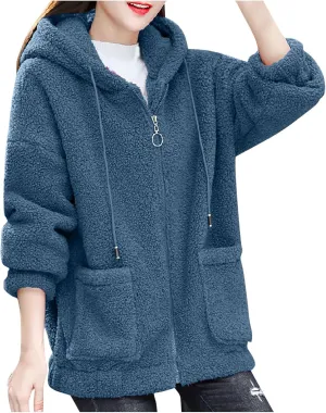 Fleece Jacket for Women Warm Fuzzy Zip Up Hoodies Winter Sherpa Hooded Coat Soft Faux Fur Zipper Outwear with Pocket