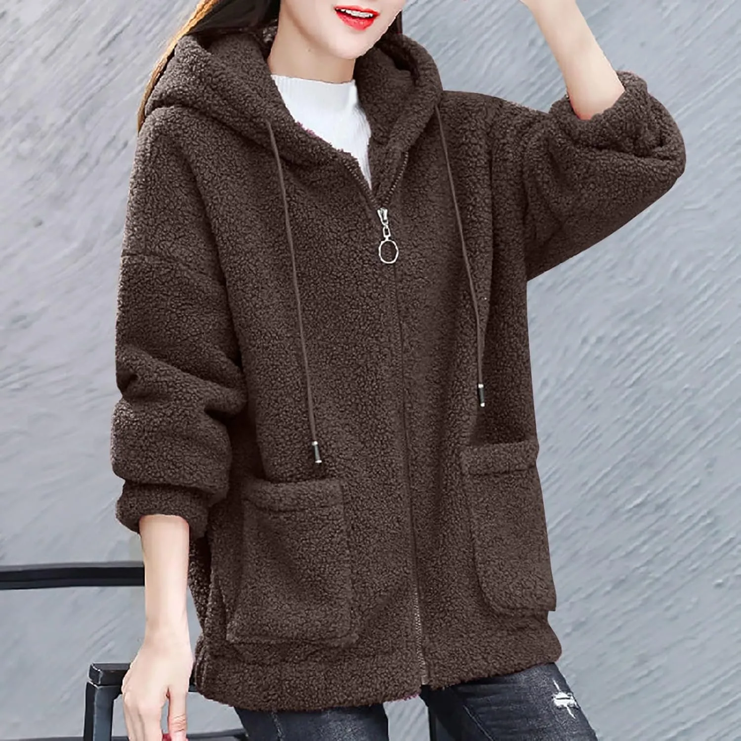 Fleece Jacket for Women Warm Fuzzy Zip Up Hoodies Winter Sherpa Hooded Coat Soft Faux Fur Zipper Outwear with Pocket