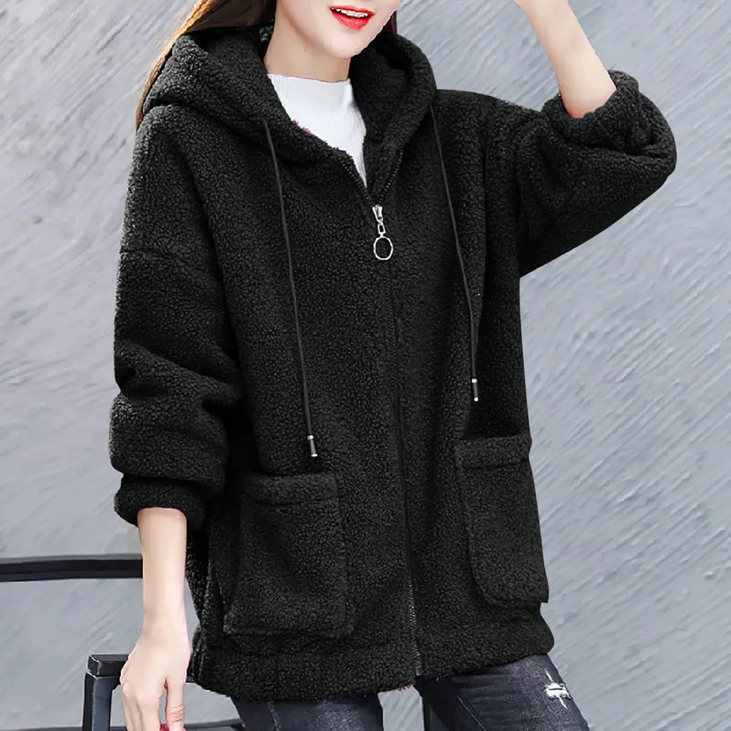 Fleece Jacket for Women Warm Fuzzy Zip Up Hoodies Winter Sherpa Hooded Coat Soft Faux Fur Zipper Outwear with Pocket