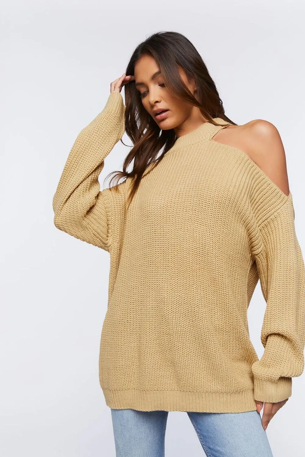 Forever 21 Asymmetrical Off Shoulder Sweater, Beige