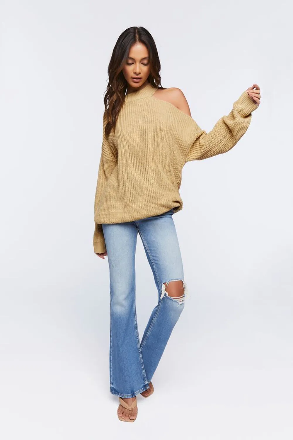 Forever 21 Asymmetrical Off Shoulder Sweater, Beige
