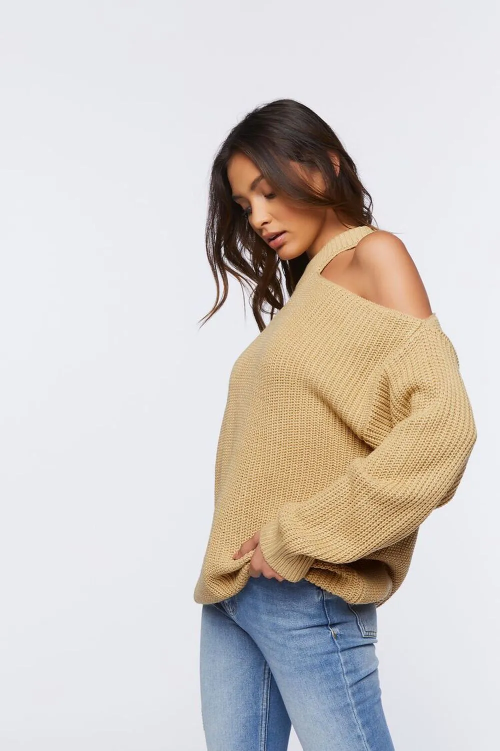 Forever 21 Asymmetrical Off Shoulder Sweater, Beige