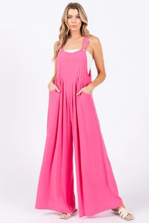 Fuchsia Wide Leg Washed Linen Overalls Jumpsuit