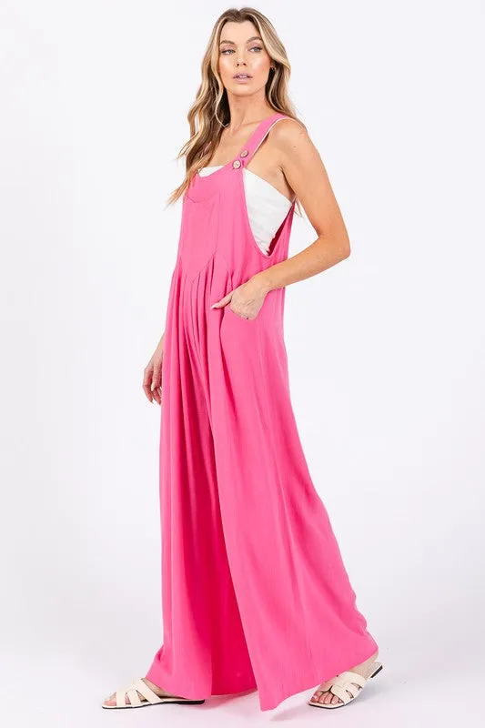 Fuchsia Wide Leg Washed Linen Overalls Jumpsuit