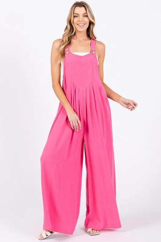 Fuchsia Wide Leg Washed Linen Overalls Jumpsuit