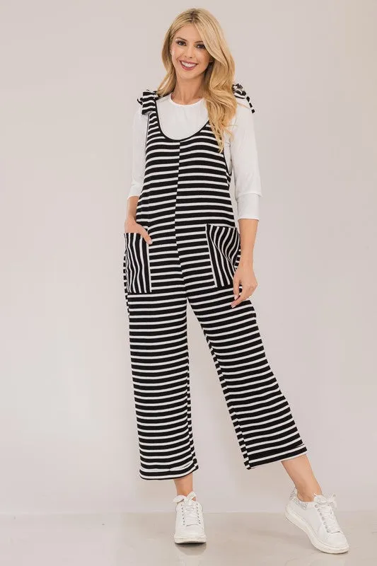 Full Size Striped Scoop Neck Overalls with Pockets