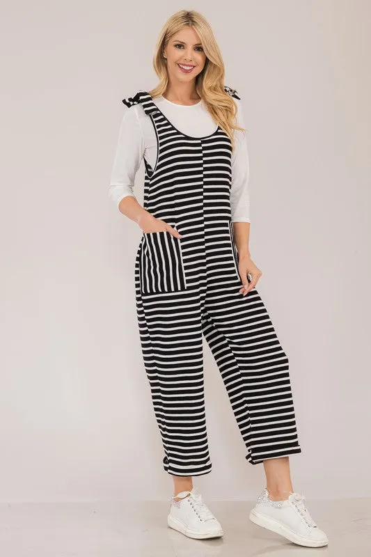 Full Size Striped Scoop Neck Overalls with Pockets