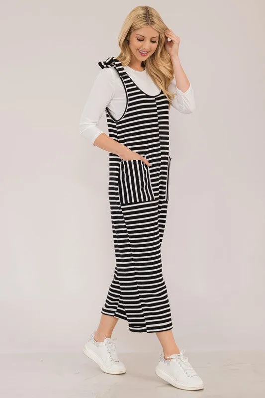 Full Size Striped Scoop Neck Overalls with Pockets