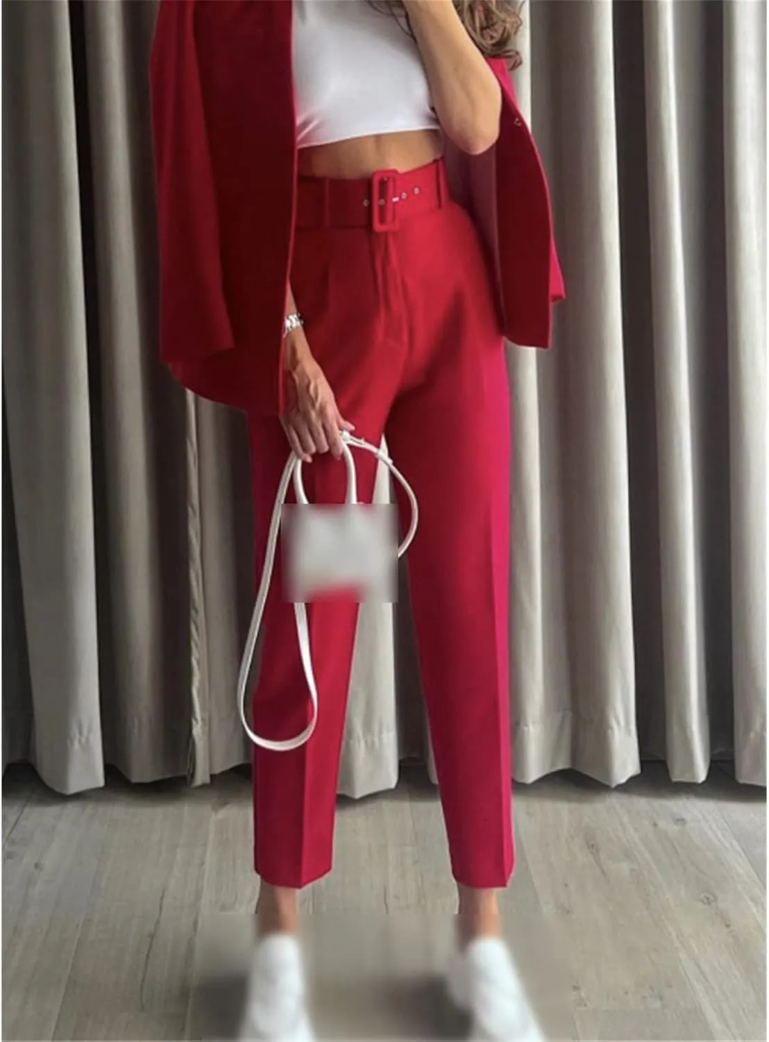 Kelsiop Women's High Waist Pants Belt Office Trousers Summer Straight Leg Pants Street Women's Pants