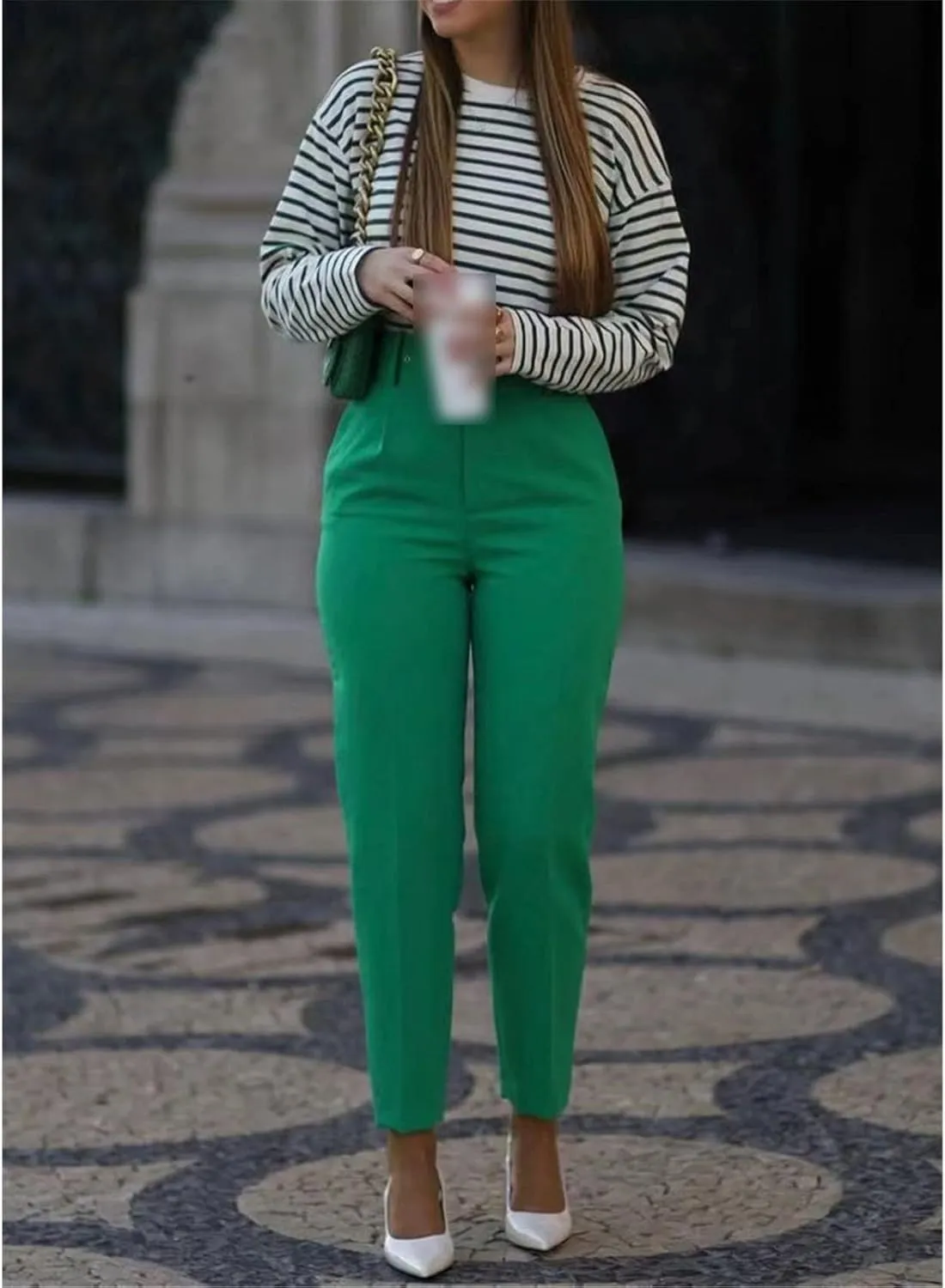 Kelsiop Women's High Waist Pants Belt Office Trousers Summer Straight Leg Pants Street Women's Pants