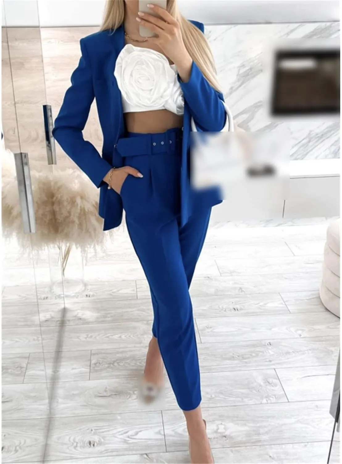 Kelsiop Women's High Waist Pants Belt Office Trousers Summer Straight Leg Pants Street Women's Pants