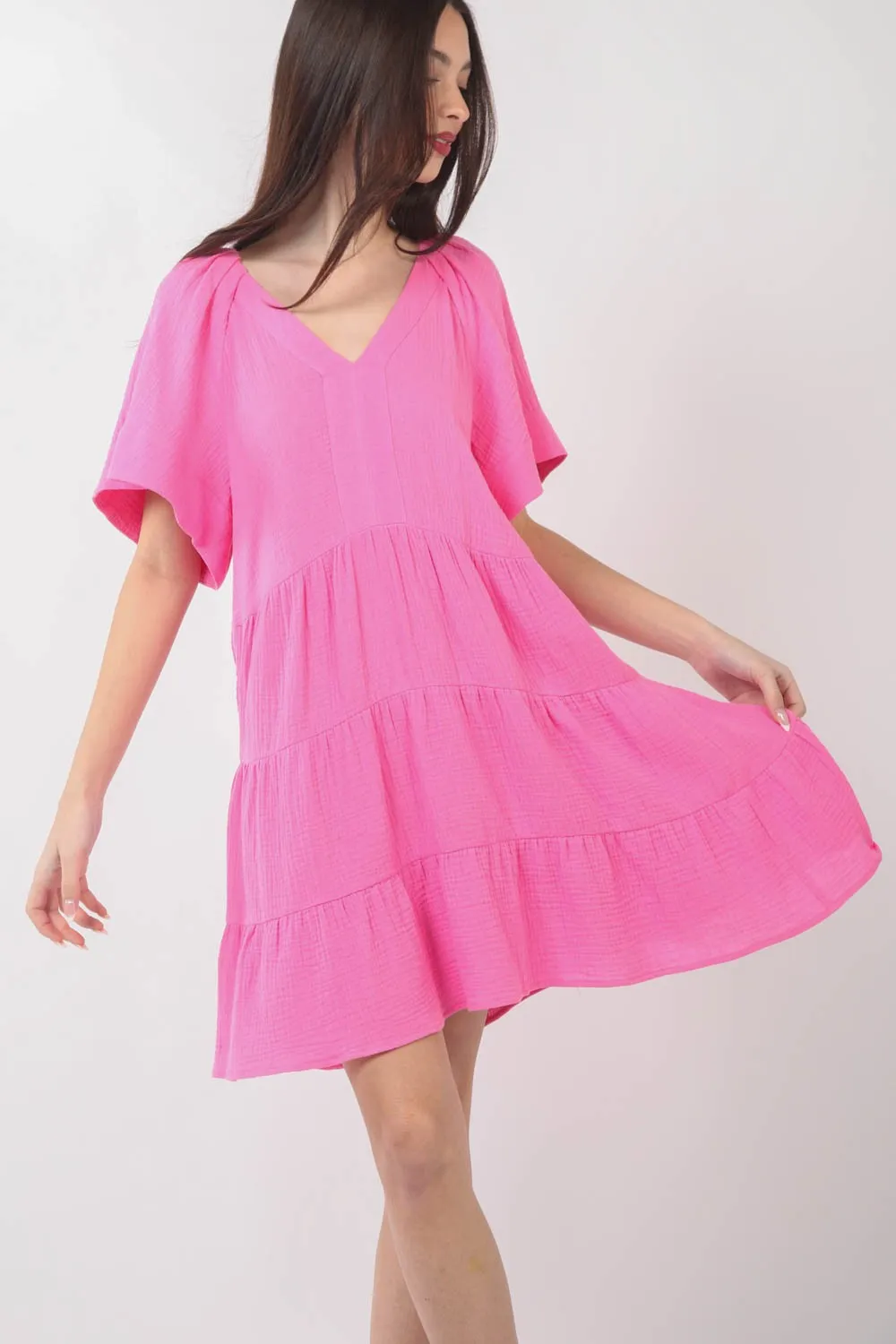 KESLETY Pink  V-Neck Ruffled Tiered Dress Women's Casual Day dresses