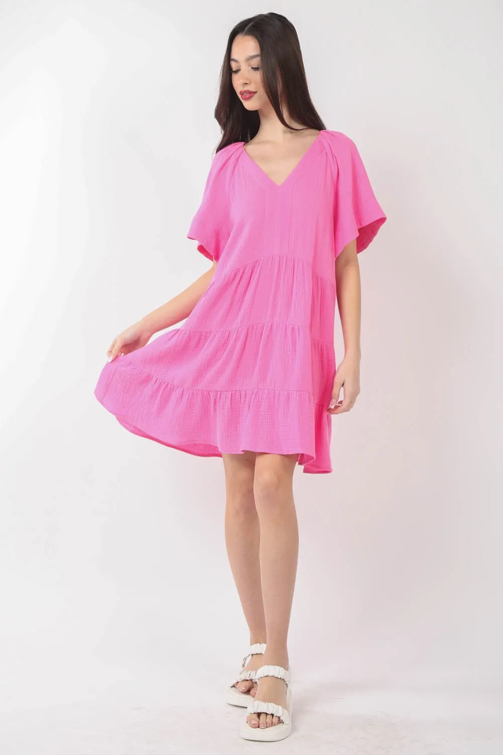 KESLETY Pink  V-Neck Ruffled Tiered Dress Women's Casual Day dresses