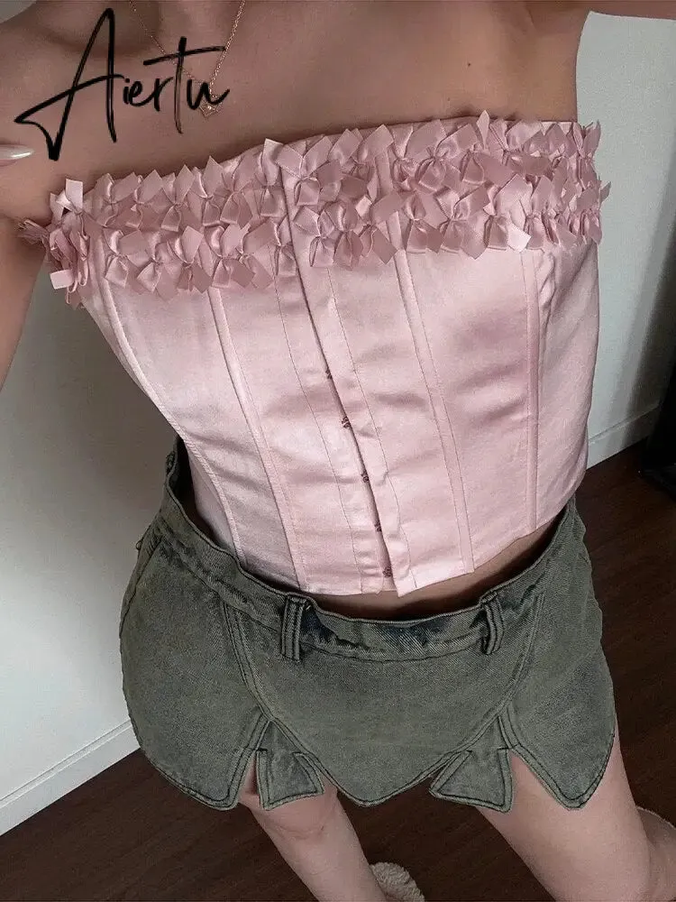 Korean Crop Top For Women Strapless Sleeveless Patchwork Crisscross Lace Up Solid Slim Vests Female Summer New