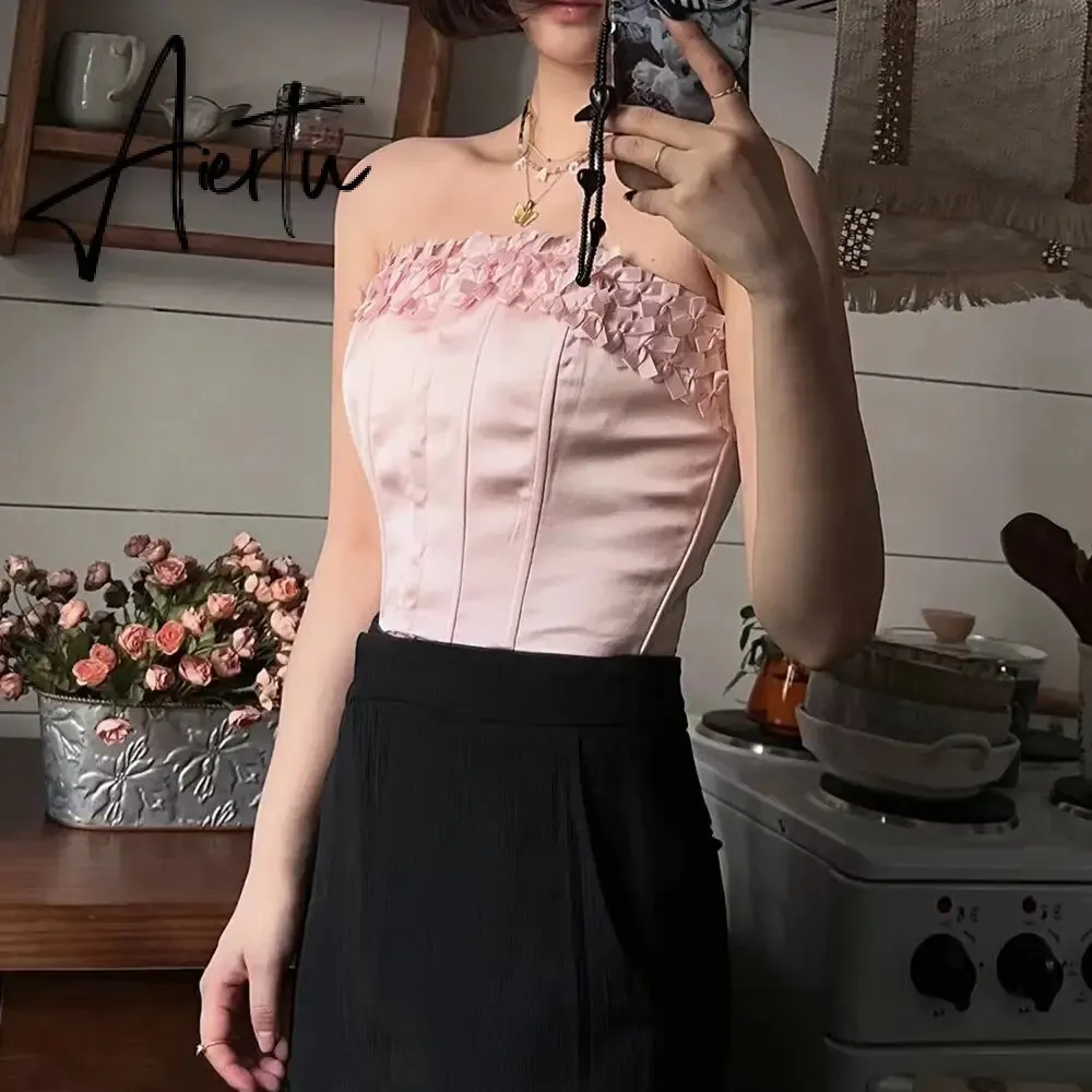 Korean Crop Top For Women Strapless Sleeveless Patchwork Crisscross Lace Up Solid Slim Vests Female Summer New