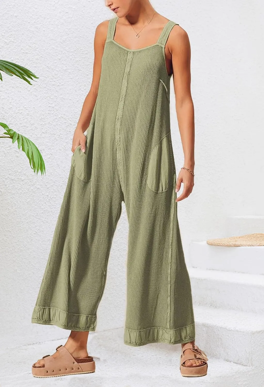 Ladyful Women's Summer Wide Leg Overalls Casual Loose Sleeveless Jumpsuits Waffle Backless Tank Romper