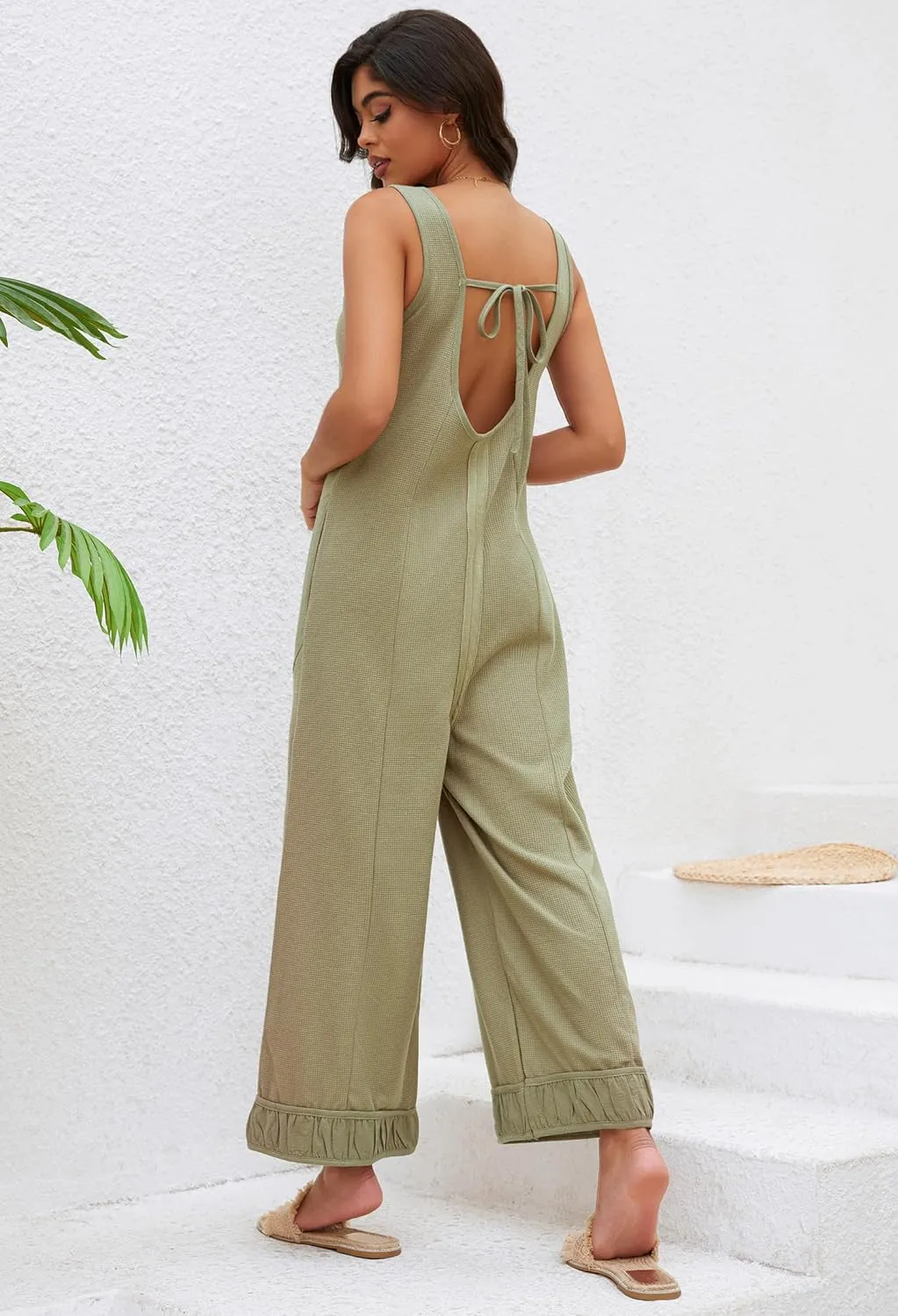 Ladyful Women's Summer Wide Leg Overalls Casual Loose Sleeveless Jumpsuits Waffle Backless Tank Romper