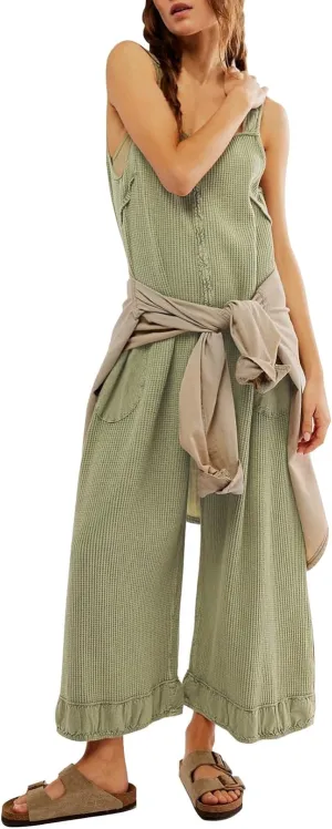 Ladyful Women's Summer Wide Leg Overalls Casual Loose Sleeveless Jumpsuits Waffle Backless Tank Romper