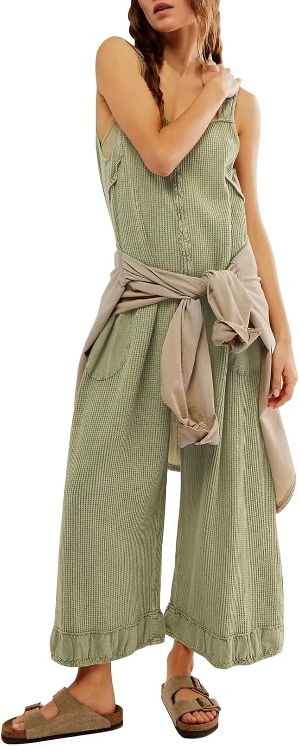 Ladyful Women's Summer Wide Leg Overalls Casual Loose Sleeveless Jumpsuits Waffle Backless Tank Romper