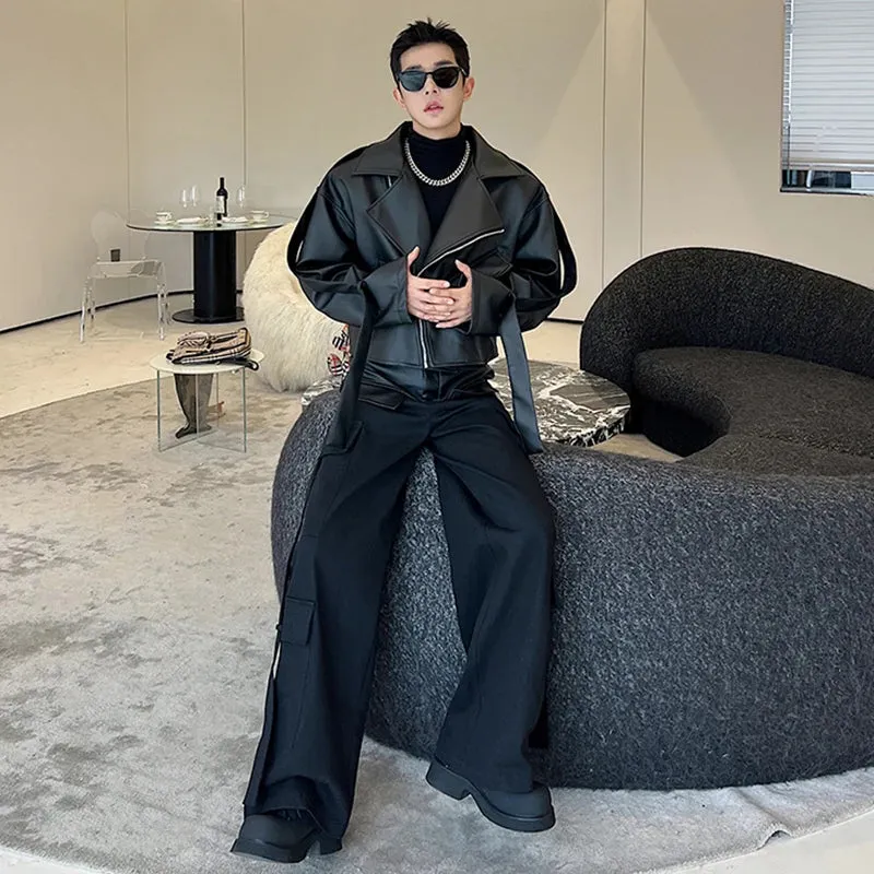 Leather Spliced Black Pants Set