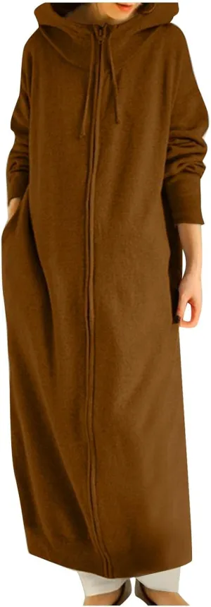 Long Hoodies for Women 2024 Fall Winter Trendy Full Zip Fleece Warm Hoodie Maxi Length Hooded Jacket with Pockets