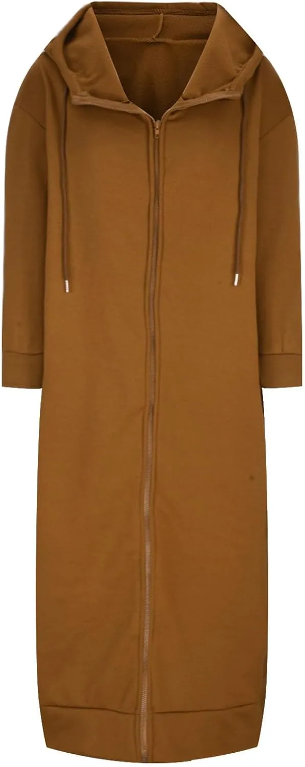 Long Hoodies for Women 2024 Fall Winter Trendy Full Zip Fleece Warm Hoodie Maxi Length Hooded Jacket with Pockets