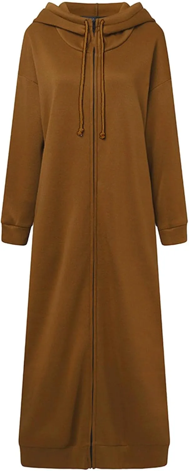 Long Hoodies for Women 2024 Fall Winter Trendy Full Zip Fleece Warm Hoodie Maxi Length Hooded Jacket with Pockets