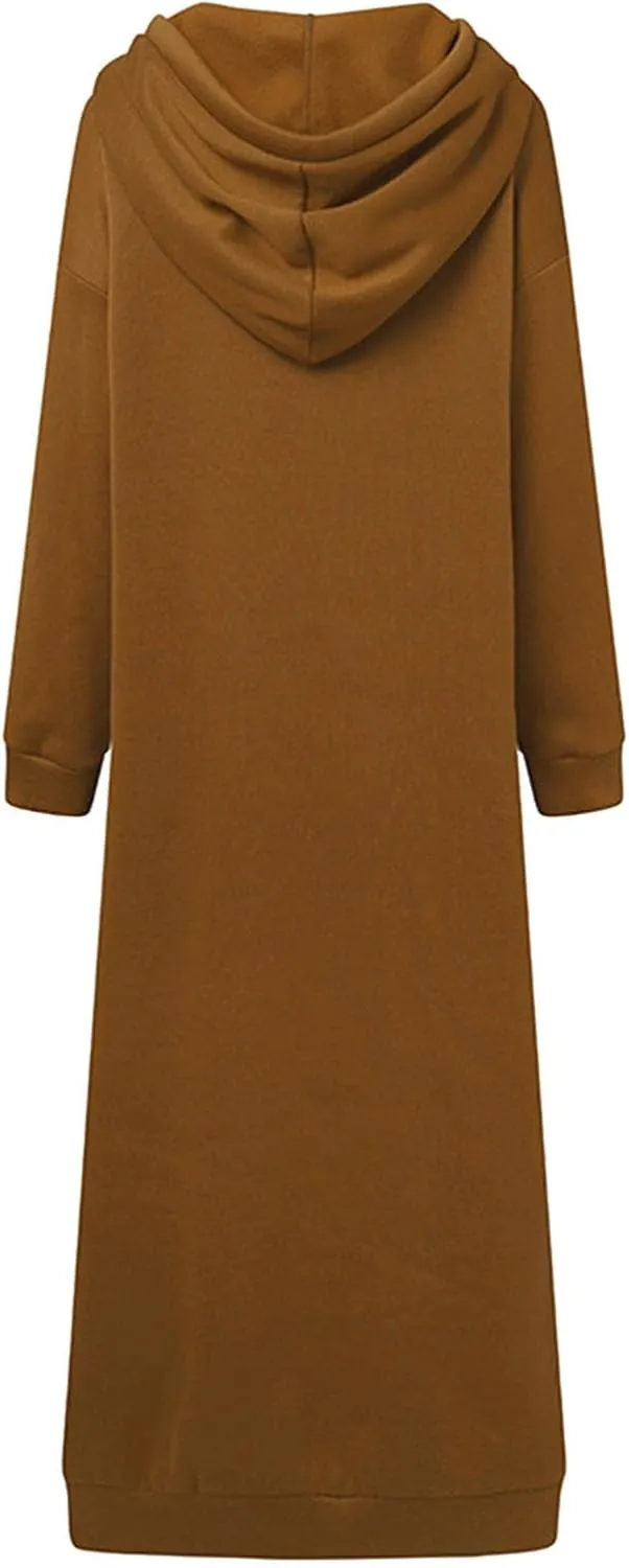 Long Hoodies for Women 2024 Fall Winter Trendy Full Zip Fleece Warm Hoodie Maxi Length Hooded Jacket with Pockets