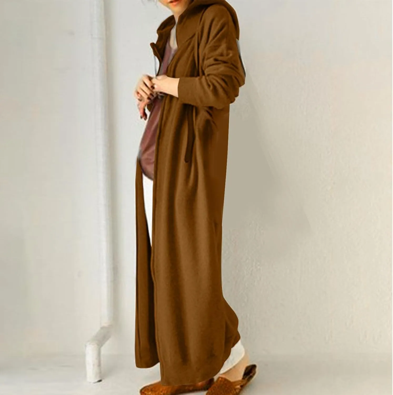 Long Hoodies for Women 2024 Fall Winter Trendy Full Zip Fleece Warm Hoodie Maxi Length Hooded Jacket with Pockets