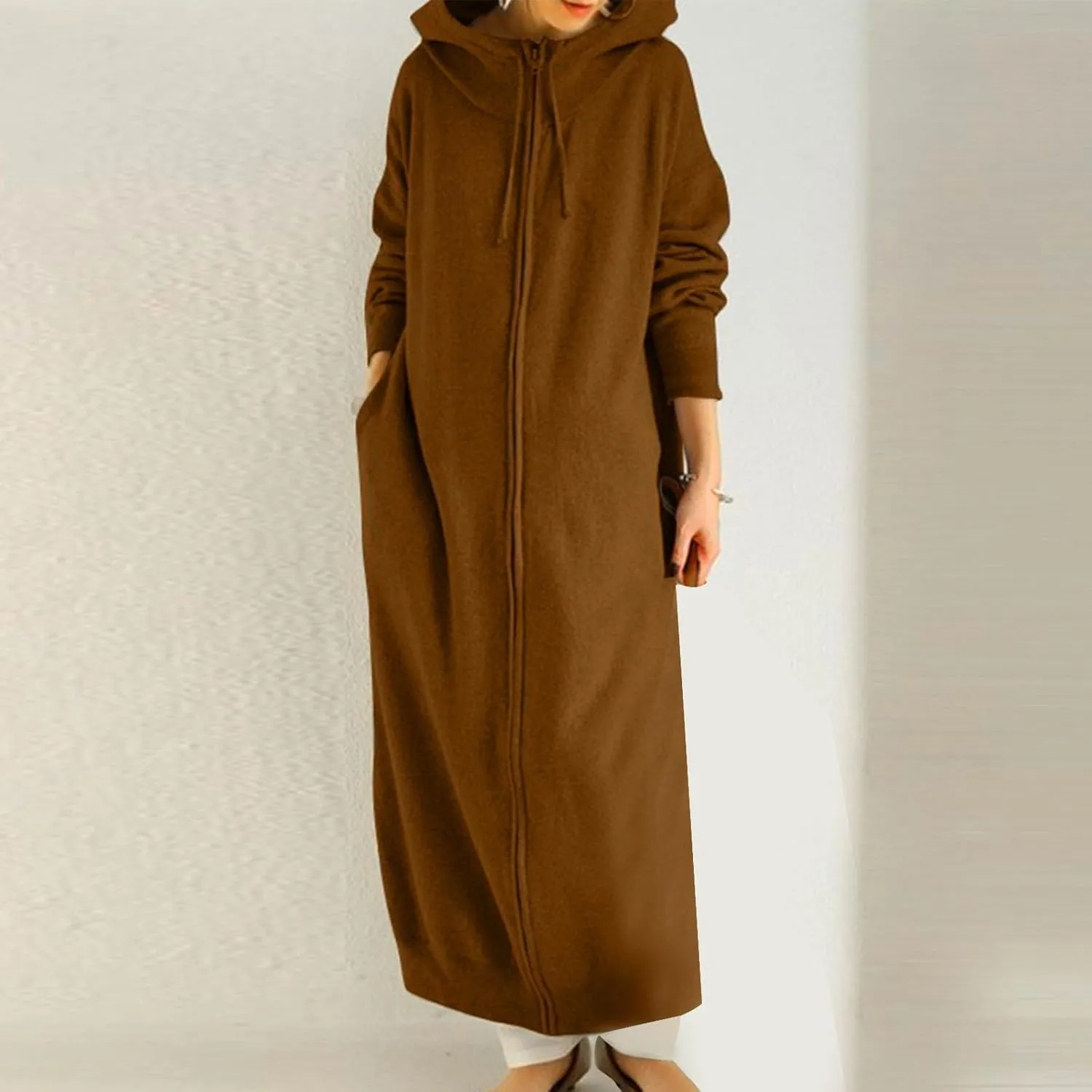 Long Hoodies for Women 2024 Fall Winter Trendy Full Zip Fleece Warm Hoodie Maxi Length Hooded Jacket with Pockets